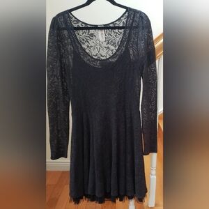 Free People Fit & Flare Long Sleeve Black Lace Lined Dress, Size Large